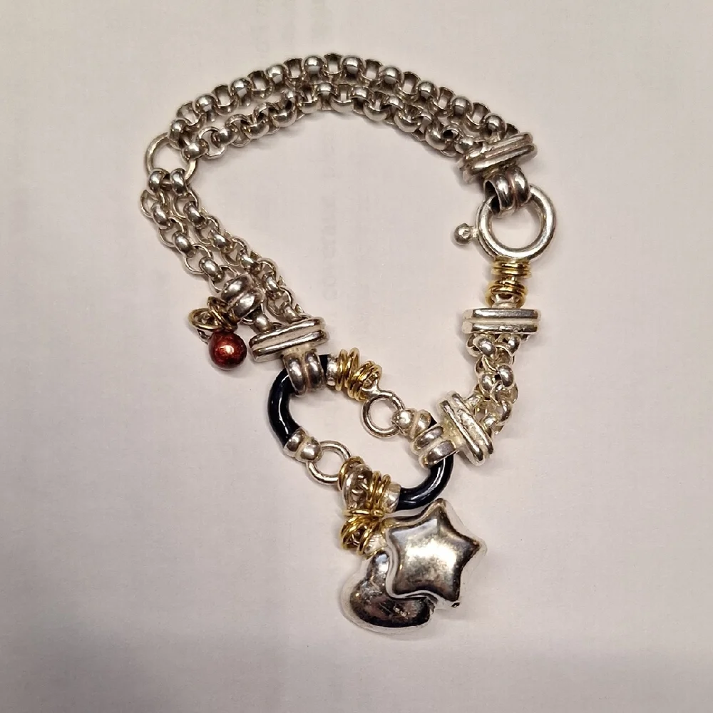 Vintage SAS Two-Tone Double Chain Silver Charm Bracelet with‎ Star and Heart